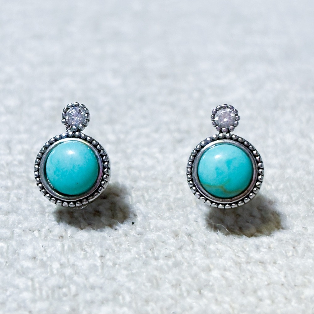 💕2/$30 Vintage Style 925 Sterling Silver Turquoise Stud Earrings w CZ Accent